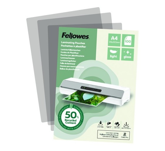 fellowes pack 100 fundas de plastificar recicladas brillo a4 fellowes 100142987