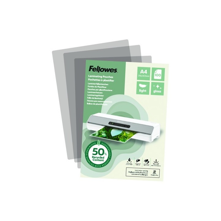 fellowes pack 100 fundas de plastificar recicladas brillo a4 fellowes 100142987