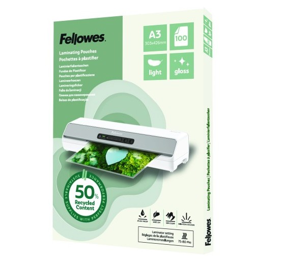 fellowes pack 100 fundas de plastificar recicladas brillo a3 fellowes 100142988
