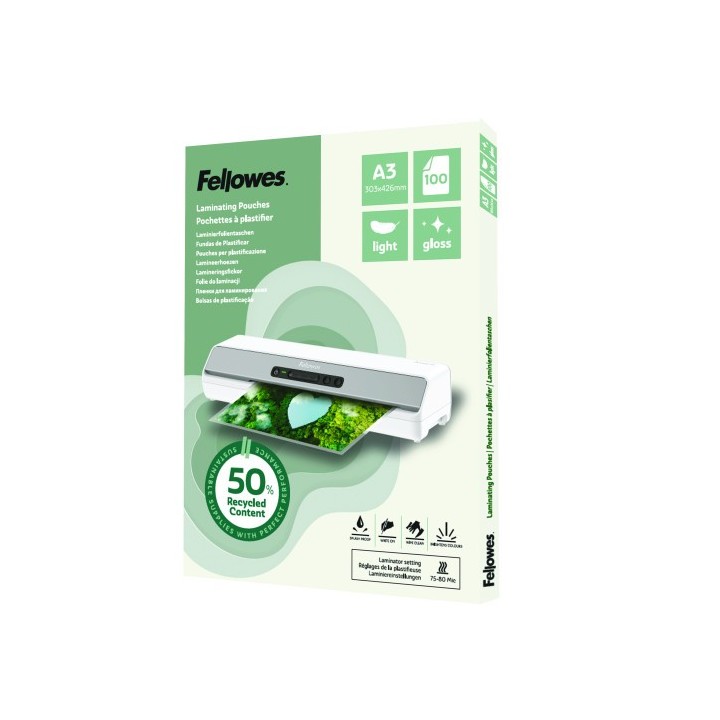fellowes pack 100 fundas de plastificar recicladas brillo a3 fellowes 100142988