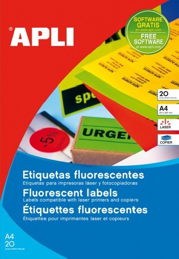 apli pack 20 hojas  20ud. etiquetas amarillo fluorescente permanentes 210,0 x 297,0 mm apli 2878
