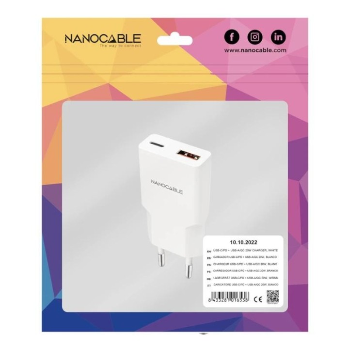 nanocable cargador usb c/pd + usb a/qc 20w blanco