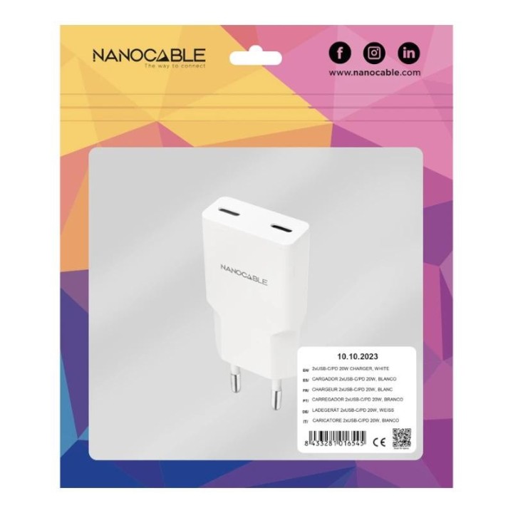 nanocable cargador 2xusb c/pd 20w  blanco