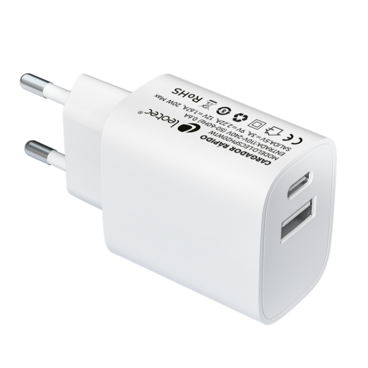 leotec cargador 20w carga rapida 1 usb tipo c pd 1 usb a blanco