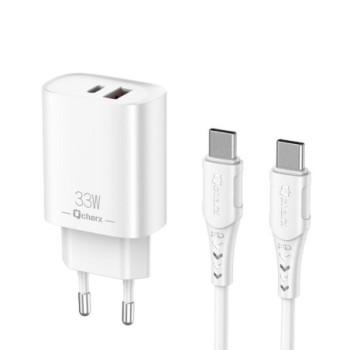qcharx international cargador qcharx eros 3a 33w 1 x usb tipo a   1 x usb tipo c blanco + cable usb