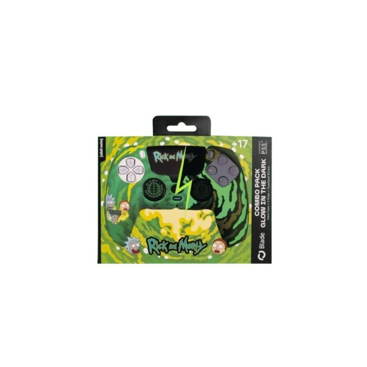 kit funda+grips ps5 blade rick and morty carcasa rigida grips sticker brilla oscuridad