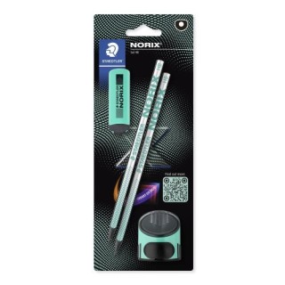 staedtler blister con 2 lapices de grafito norix hb, afilalapices y goma turquesa staedtler 181 sbk2