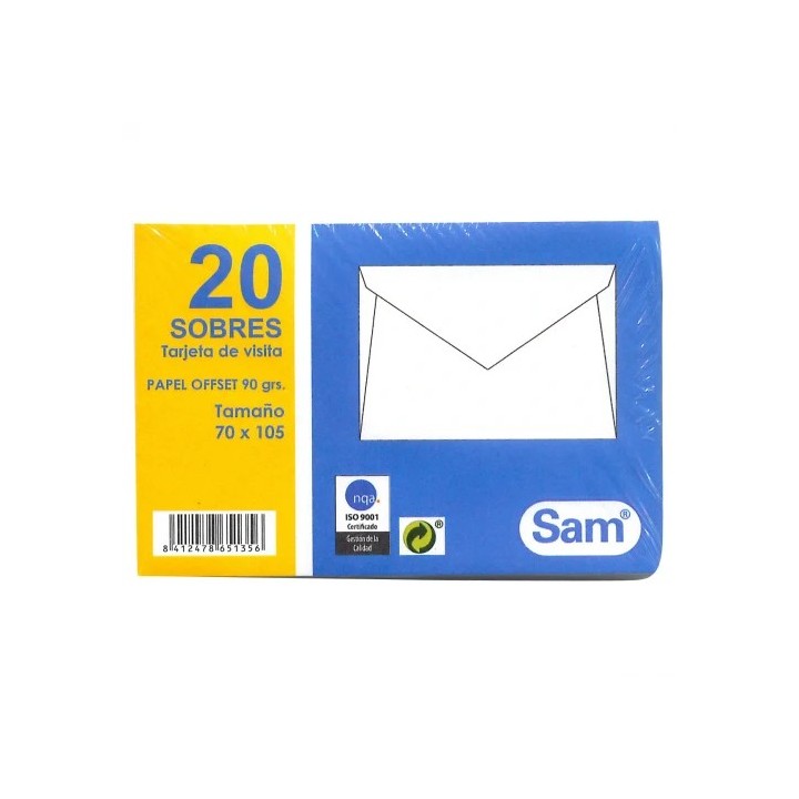 sam paquetes de 20 sobres tarjeta de visita, offset blanco 70x105, 90 grs. engomado sam 665135