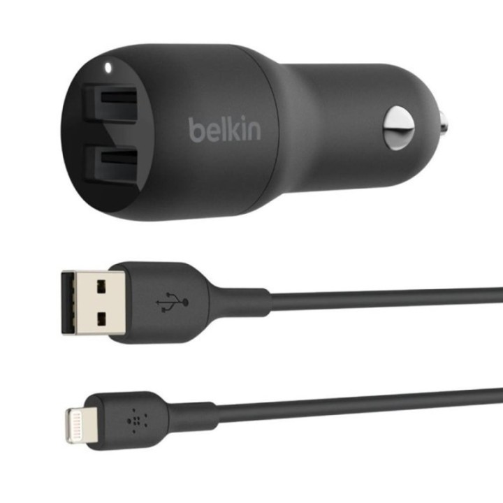 belkin cargador de coche belkin ccd001bt1mbk 24w 2x usb tipo a + cable lightning a usb tipo a