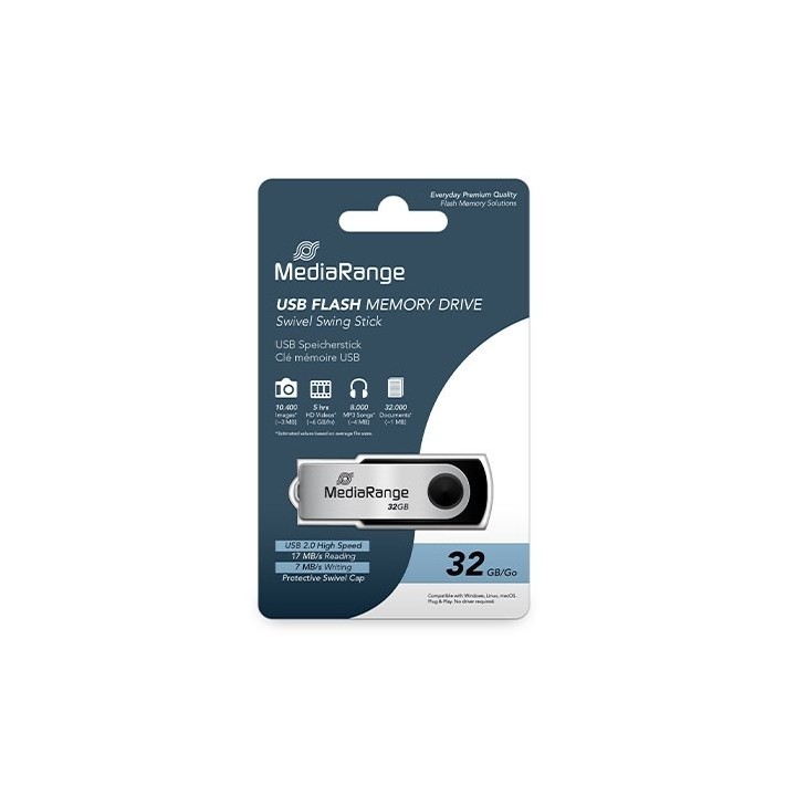 pendrive 32gb usb 2.0 mediarange silver black lectura 17mbs escritura 7mbs