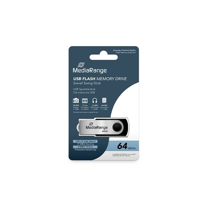 pendrive 64gb usb 2.0 mediarange silver black lectura 17mbs escritura 8mbs