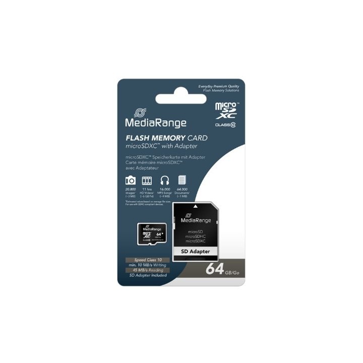 mem micro sdxc 64gb mediarange + adaptador sd lectura 45mbs escritura 10mbs