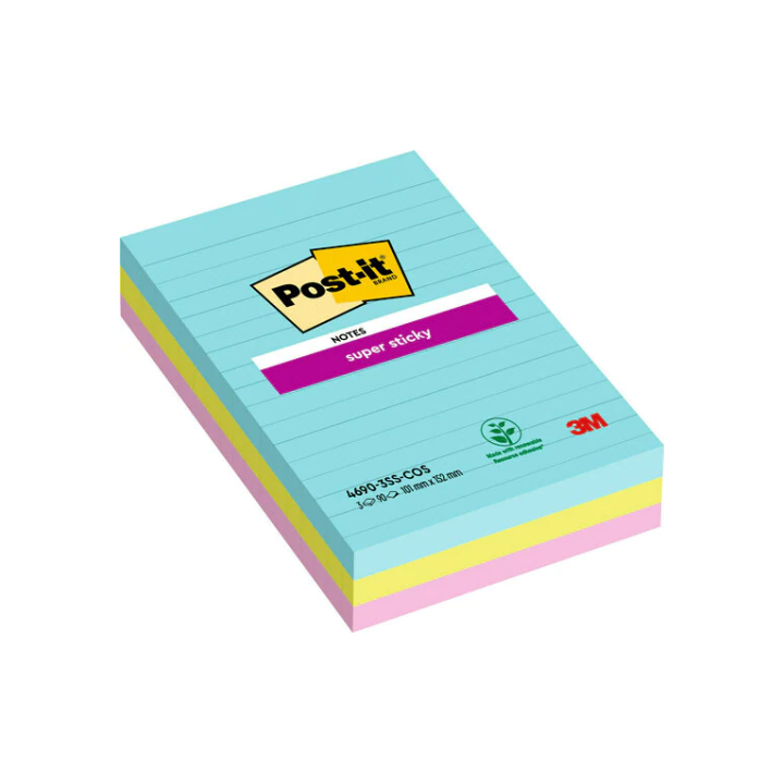 post it pack 270 hojas notas grandes super sticky 101x152mm 3 colores surtidos cosmic con lineas 469