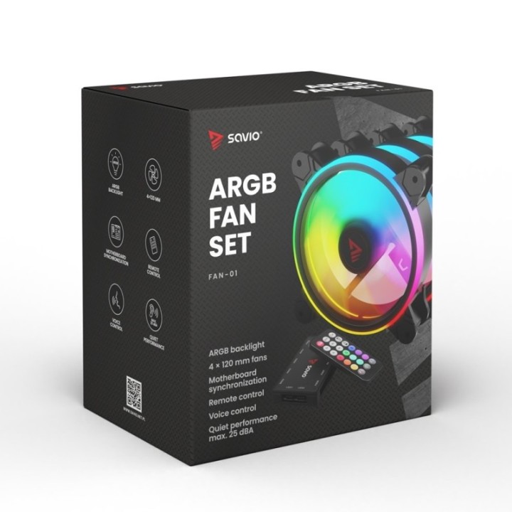 kit 4 ventiladores pc savio con mando black argb 120 mm 6 pines control por voz 1200 rpm