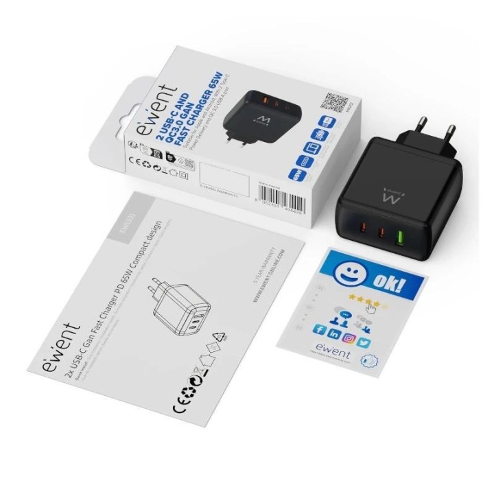 ewent cargador gan fast 65w 2 usb c pd 1usb a qc