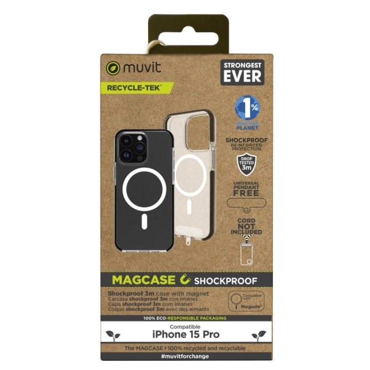 muvit funda muvit recycletek magsafe shockproof 3m para apple iphone 15 pro transparente   negra