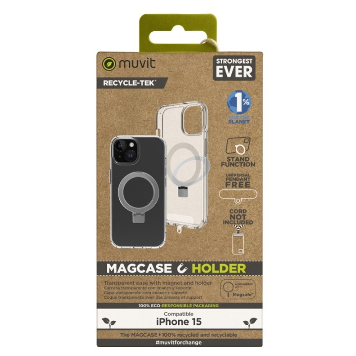 muvit funda muvit recycletek magsafe + soporte para iphone 15 transparente