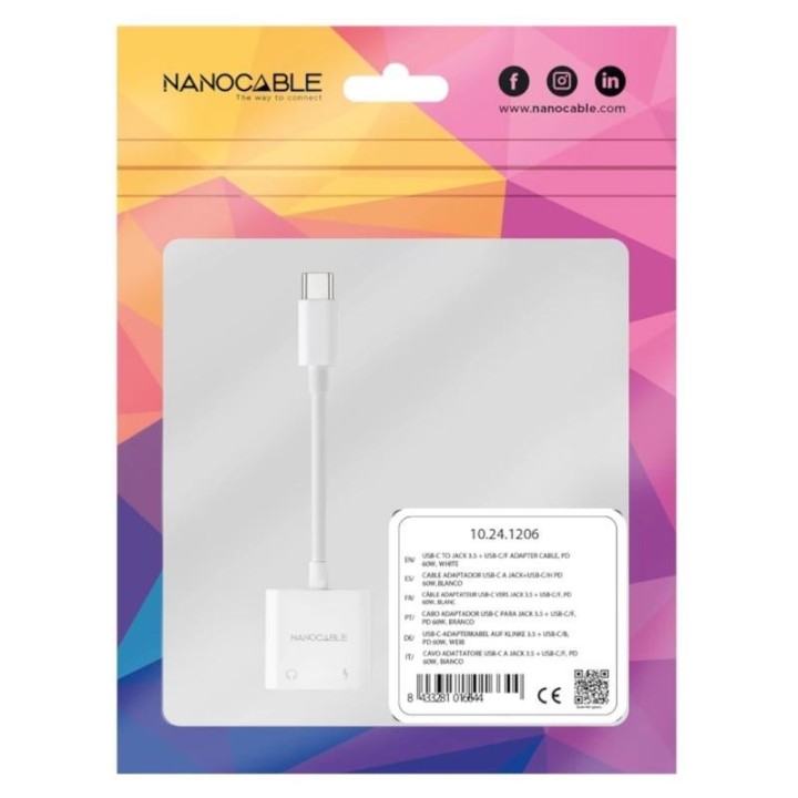 nanocable adaptador usb c a jack+usb c/h pd 60w