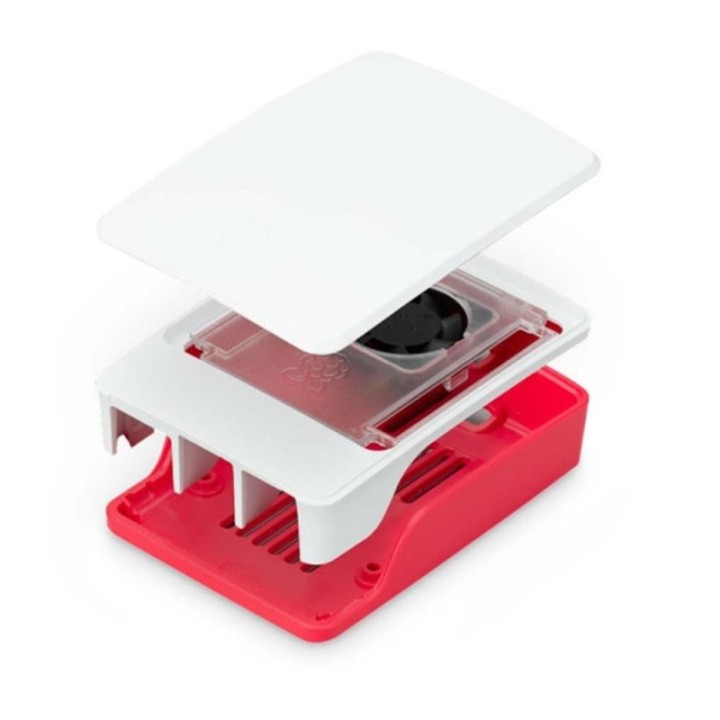 raspberry carcasa raspberry pi 5 con ventilador roja y blanca