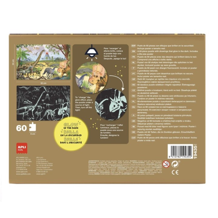 puzzle 60 pz. apli kids glow in the dark dino