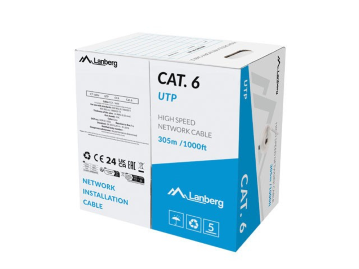 bobina cable de red lanberg utp rj45 cat.6 solido cca 305m gris fluke passed cf