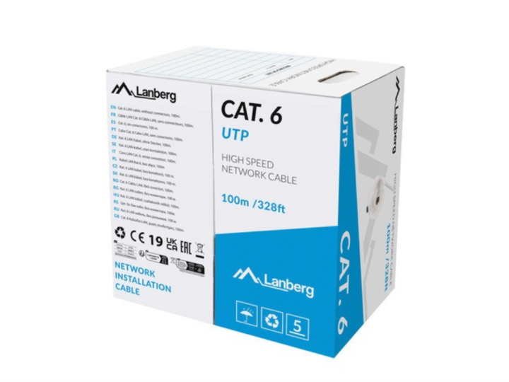 bobina cable de red lanberg rj45 cat.6 utp solido cu cpr 100m gris fluke passed