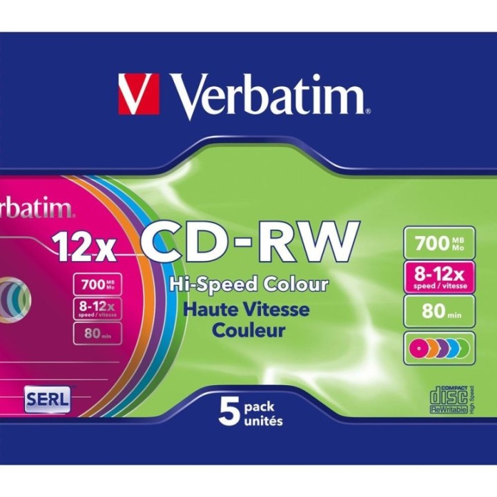 verbatim verbatim cd   rw 700mb 8x   10x tarrina 5 unidades slim colores