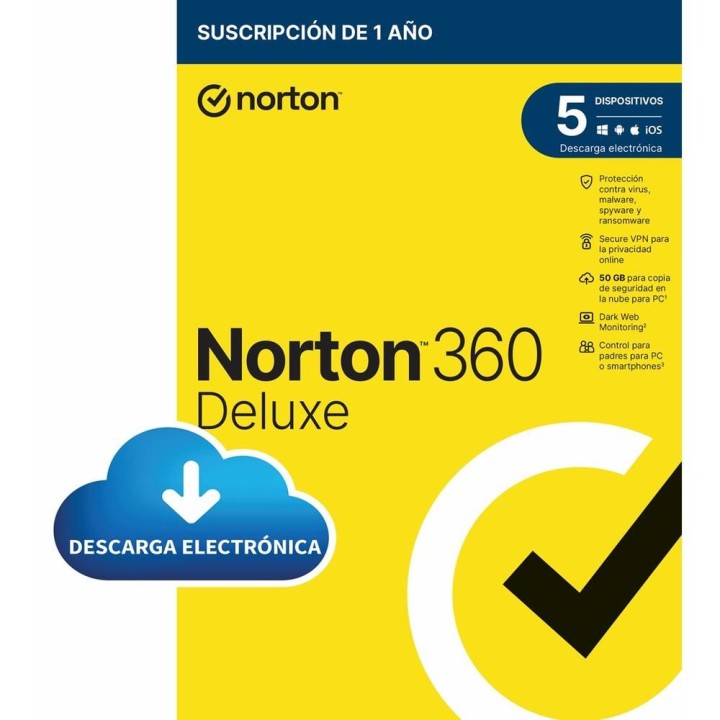 norton antivirus norton 360 deluxe 50gb espa?ol 1 usuario 5 dispositivos 1 a?o esd electronica  drmk