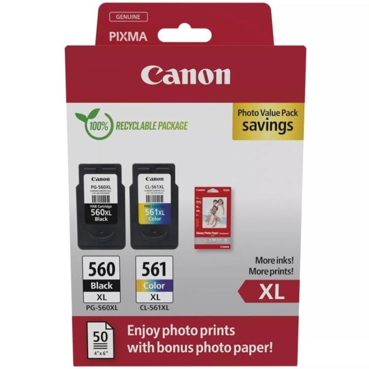 canon multipack canon pg   560xl negro   cl   561xl multicolor + 50 hojas papel fotografico