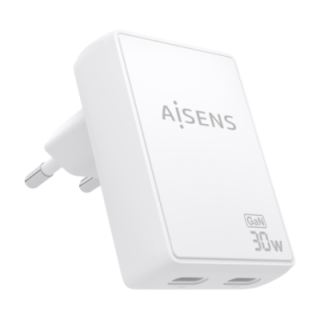 cargador aisens gan pared ultra delgado 30w 2xusb c pd3.0 qc4.0 blanco