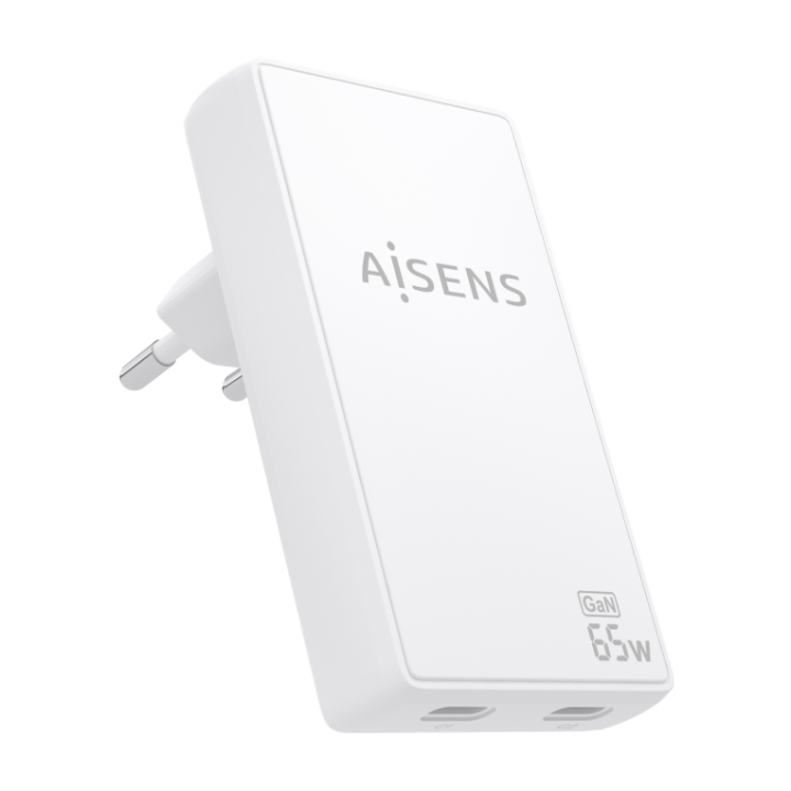 cargador aisens gan pared ultra delgado 65w 2xusb c pd3.0 qc4.0 blanco