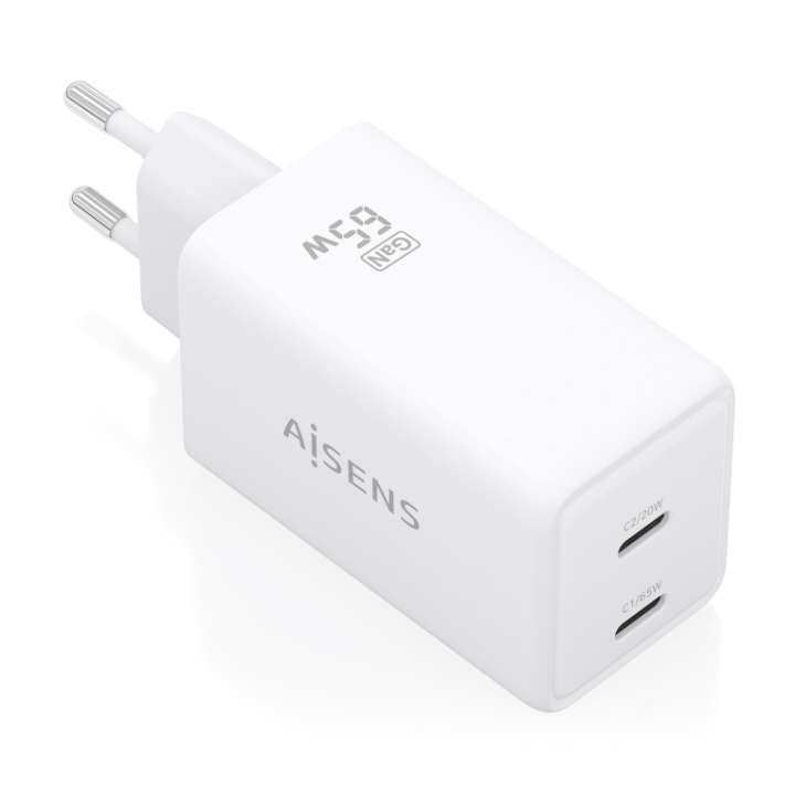 cargador aisens gan 65w 2xusb c pd3.0 qc4.0 blanco