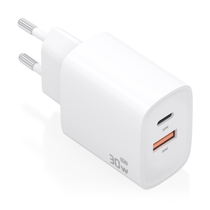 cargador aisens gan 30w 1xusb c pd3.0 qc4.0 1xusb a qc3.0 blanco