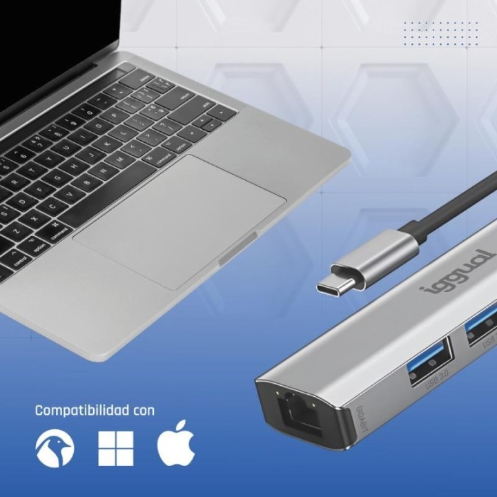 iggual hub tipo c 5 puertos 3xusb + rj45 + tipo c