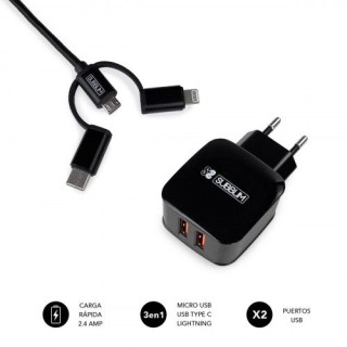 subblim cargador usb de viaje/pared 2xusb (2.4a) + cable 3en1 black negro interior