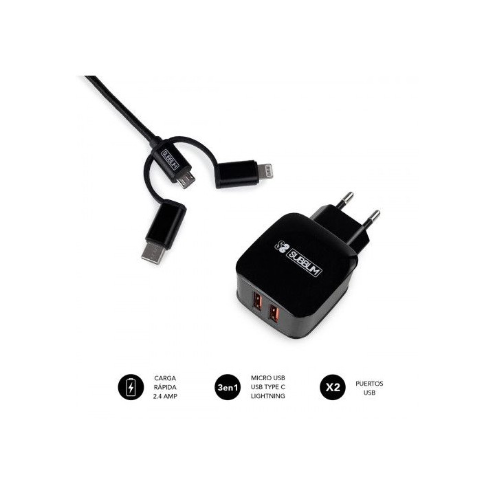 subblim cargador usb de viaje/pared 2xusb (2.4a) + cable 3en1 black negro interior