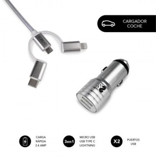 subblim cargador coche 2xusb dual car charger alum 2.4a + cable 3 in 1 silver