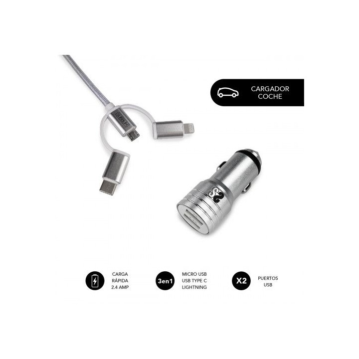 subblim cargador coche 2xusb dual car charger alum 2.4a + cable 3 in 1 silver