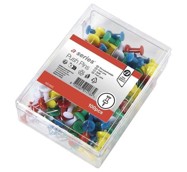 caja 100 agujas a-series push pins colores